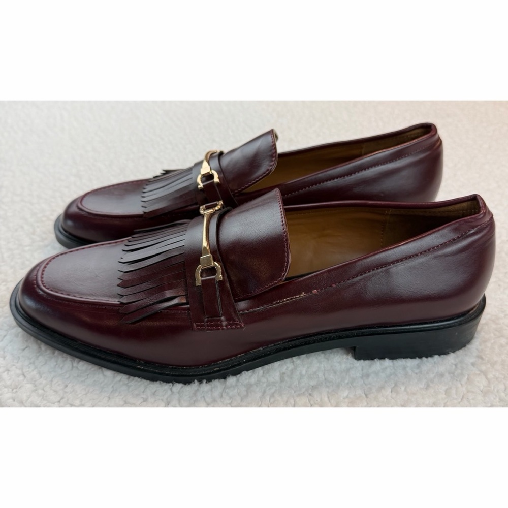 ZARA • Burgundy Leather Fringe Loafers w/ Gold Horsebit Hardware, EU 40 (US 9) - Picture 5 of 16